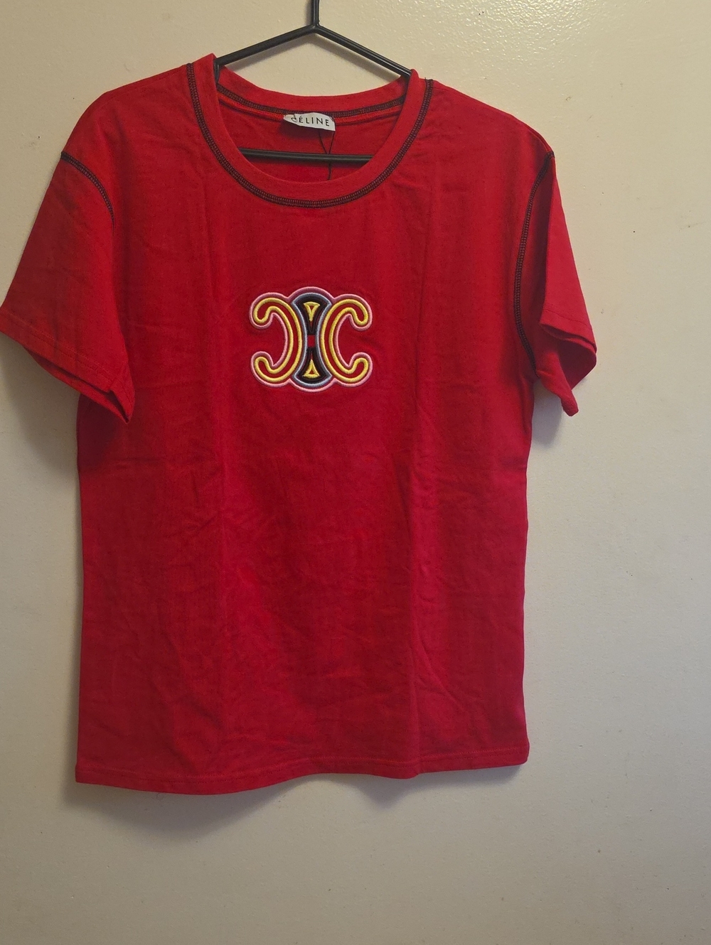 Celine Red Short Sleeve Tee with Embroidered Logo